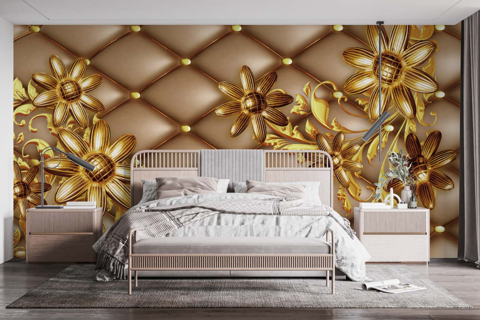 Fotobehang gouden bloemen op stof