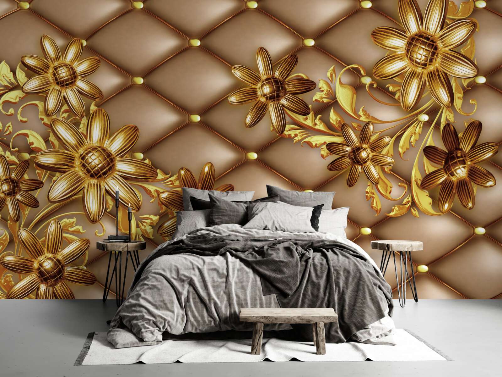 Fotobehang gouden bloemen op stof