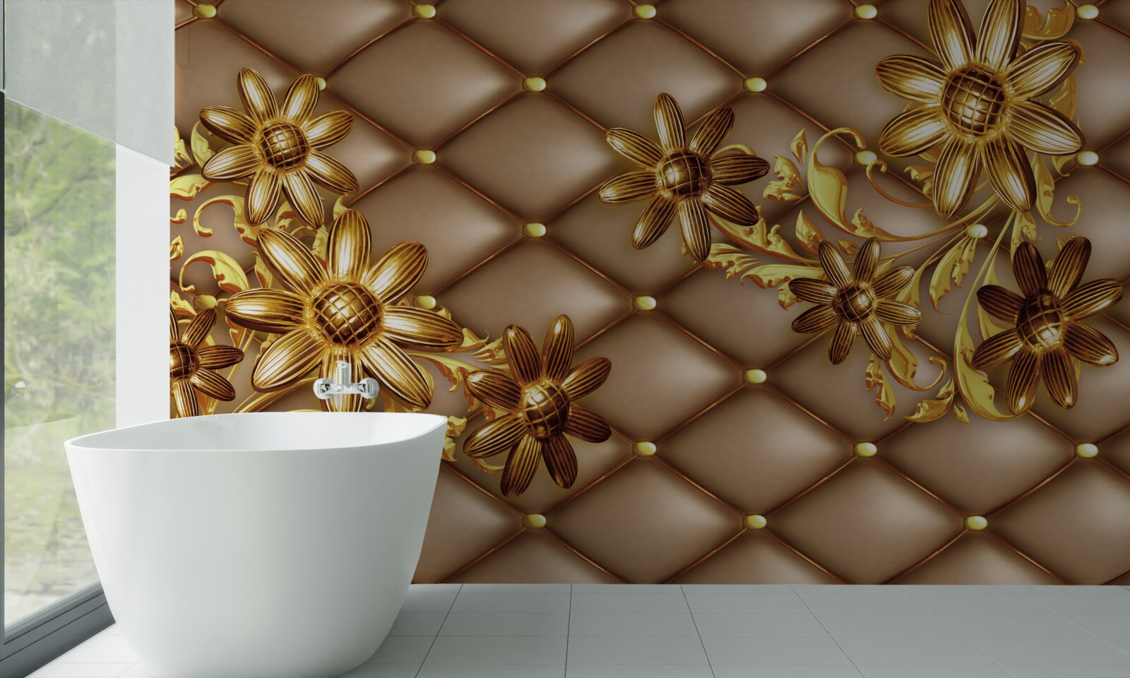 Fotobehang gouden bloemen op stof