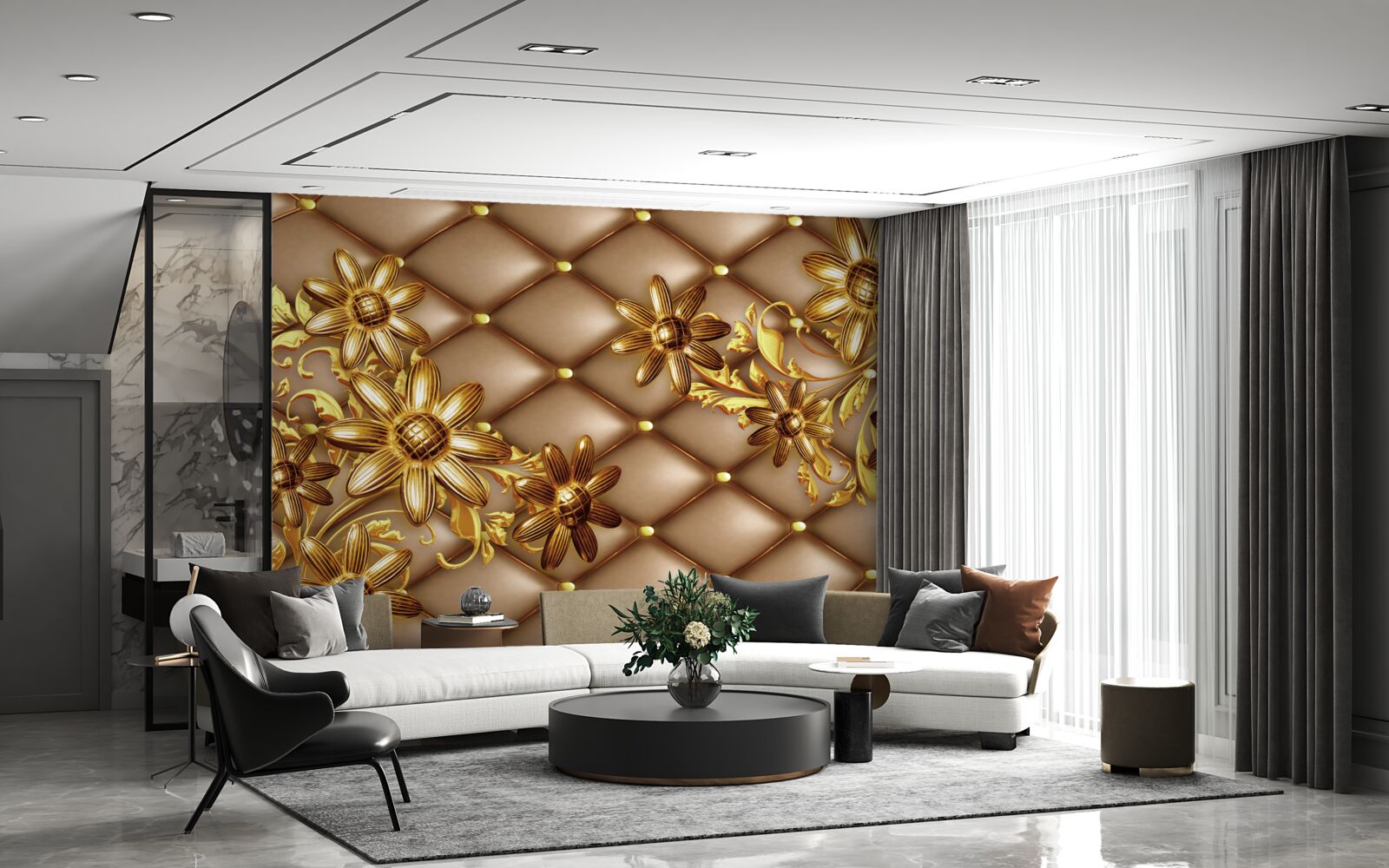 Fotobehang gouden bloemen op stof