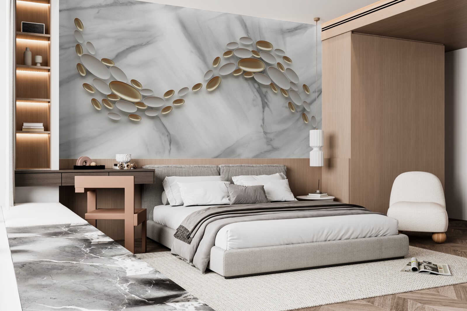 Fotobehang goud verweeft zich met aderen van marmer