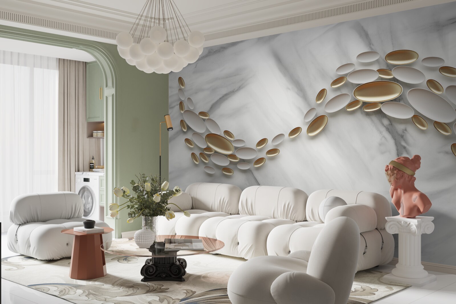 Fotobehang goud verweeft zich met aderen van marmer