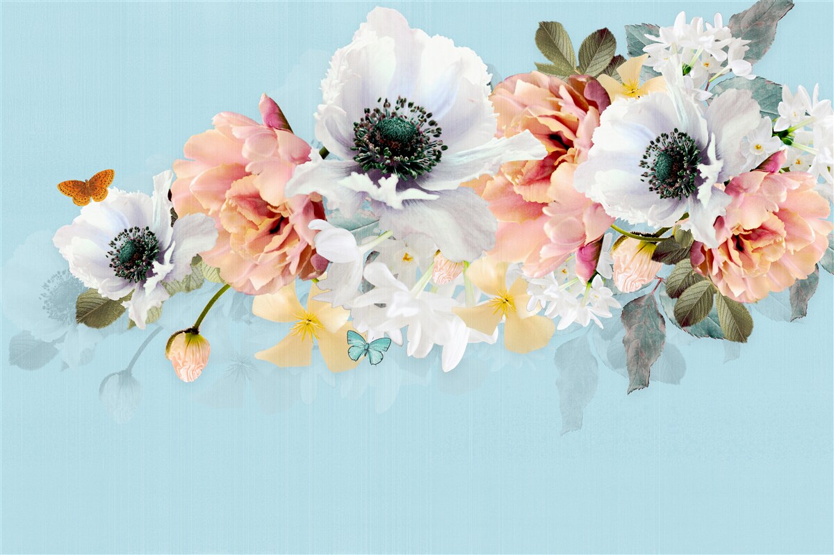 Fotobehang boeket van witte klaprozen en andere bloemen