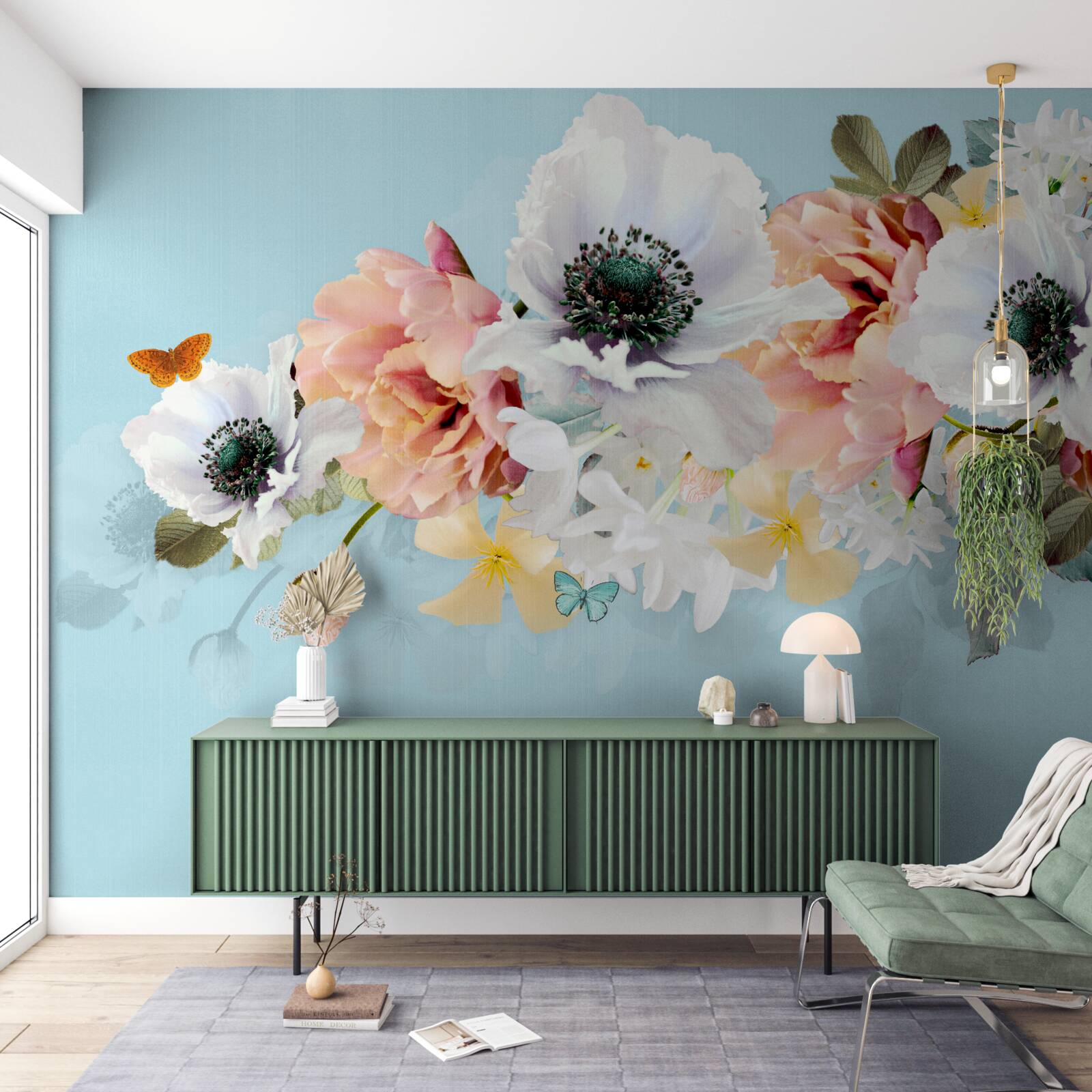 Fotobehang boeket van witte klaprozen en andere bloemen