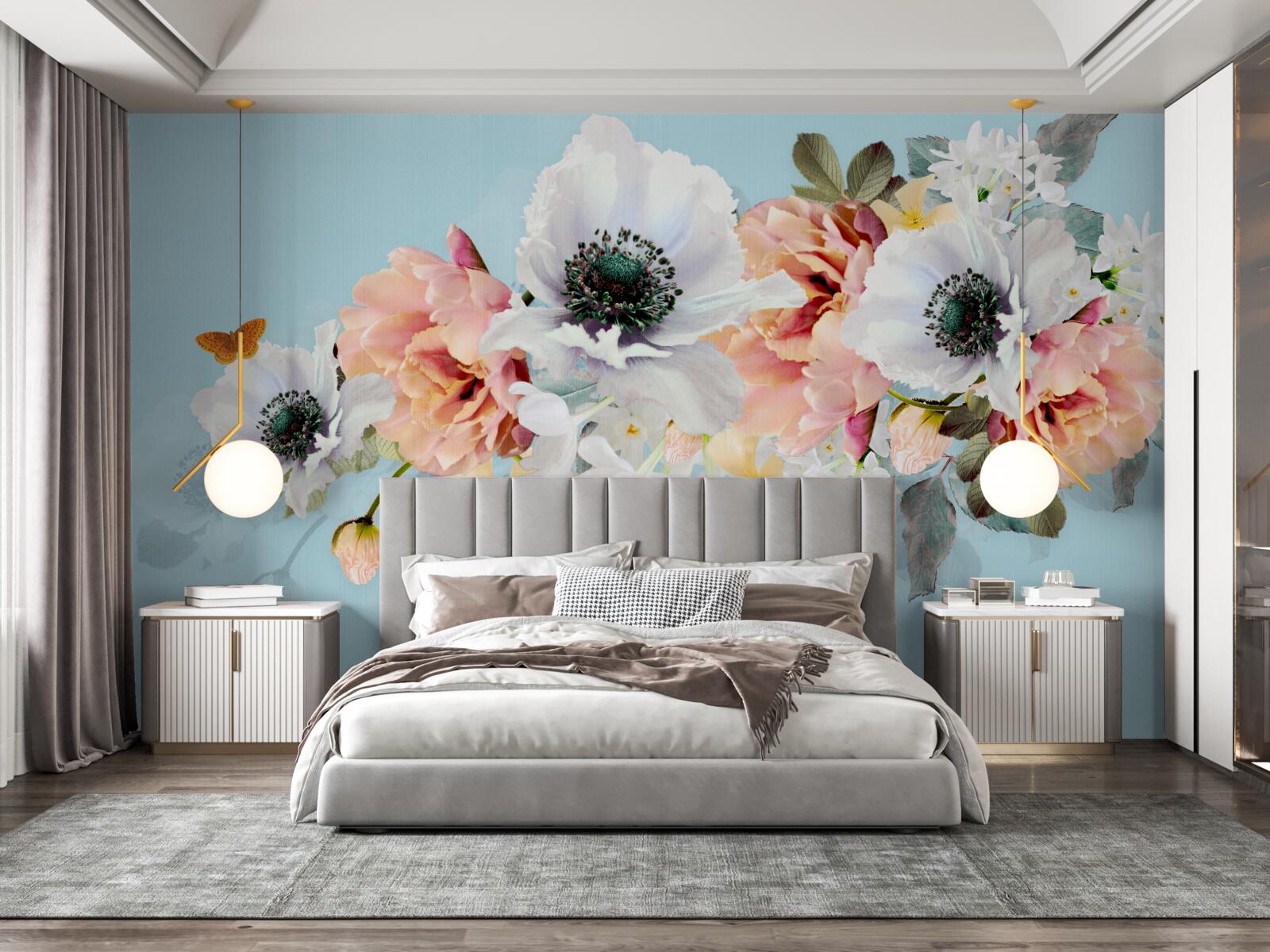 Fotobehang boeket van witte klaprozen en andere bloemen