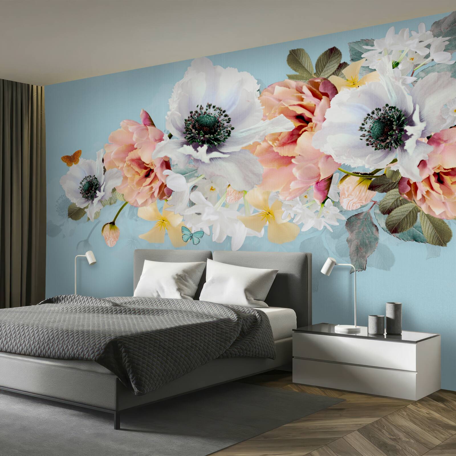 Fotobehang boeket van witte klaprozen en andere bloemen