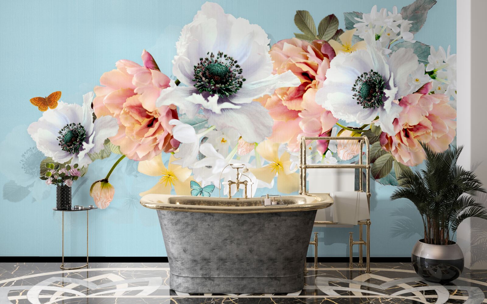 Fotobehang boeket van witte klaprozen en andere bloemen