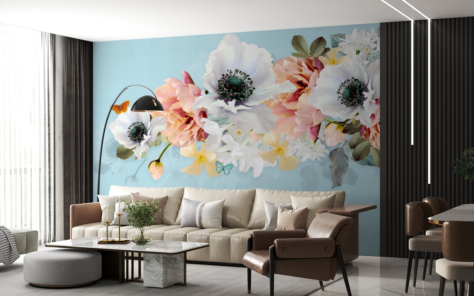 Fotobehang boeket van witte klaprozen en andere bloemen