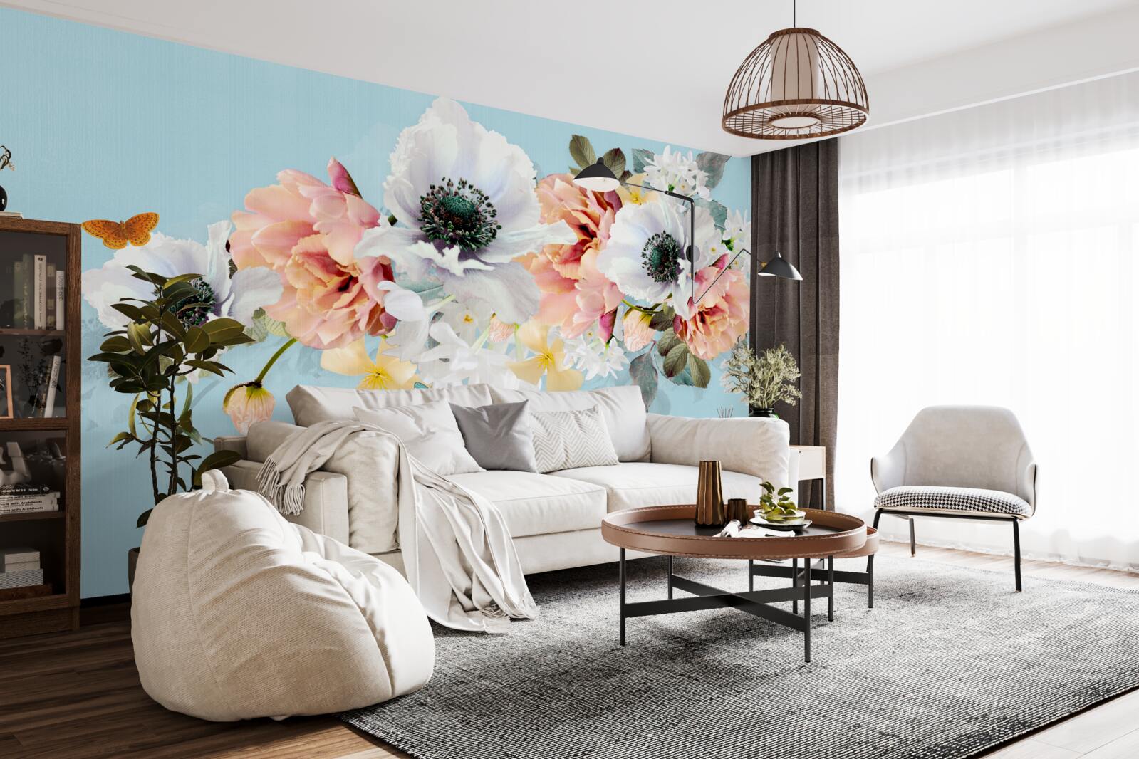 Fotobehang boeket van witte klaprozen en andere bloemen