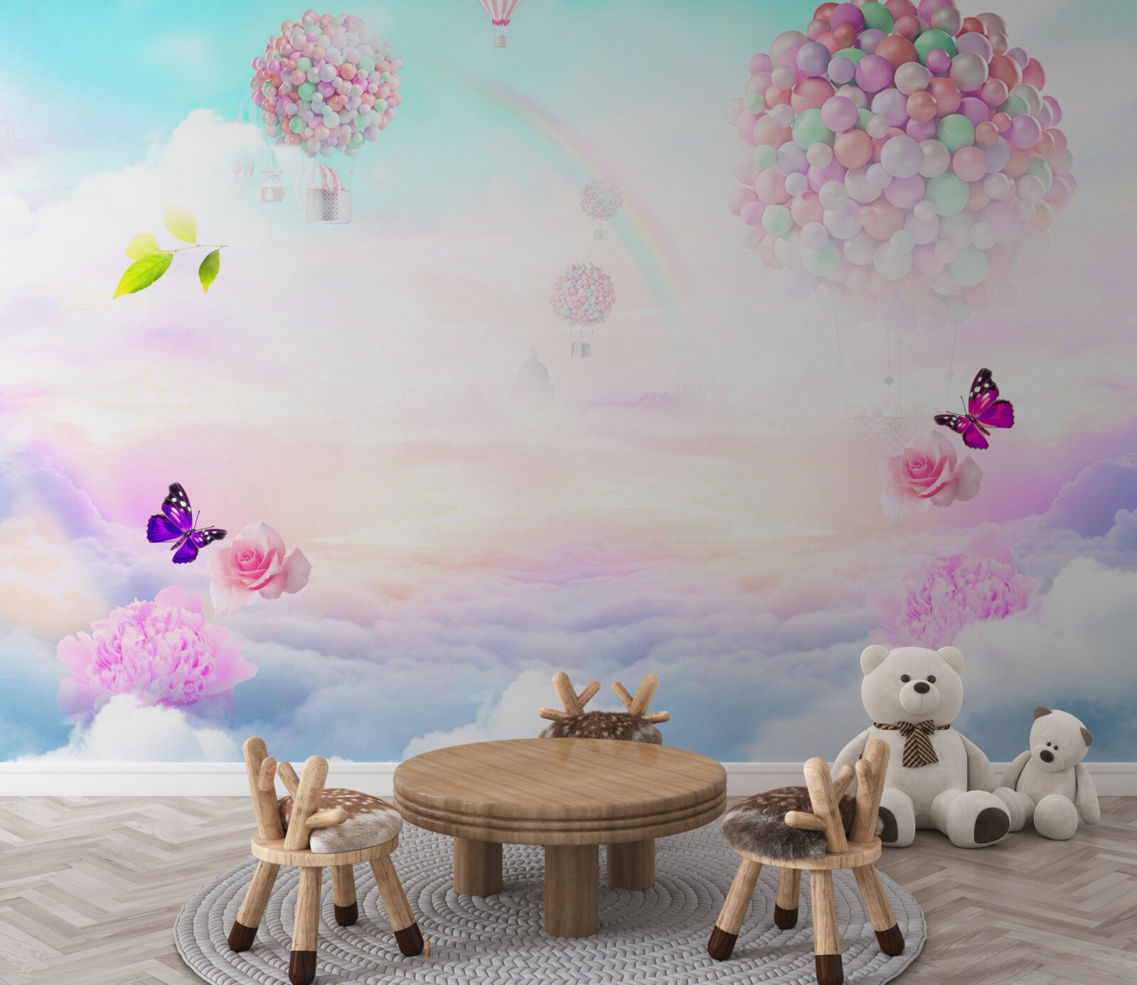 Fotobehang luchtballen en fladderende vlinders