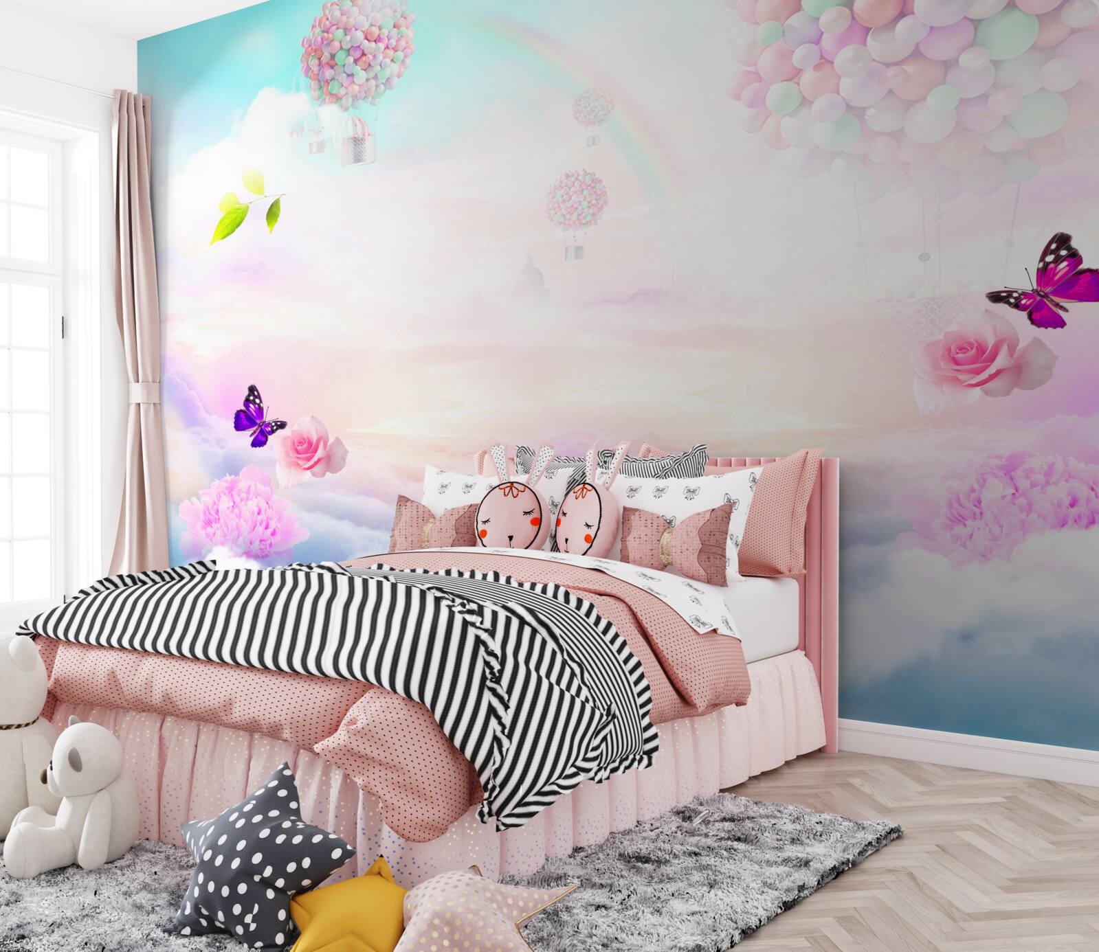 Fotobehang luchtballen en fladderende vlinders