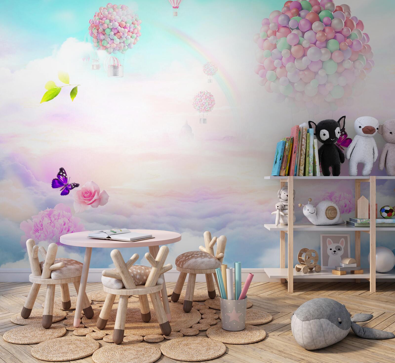 Fotobehang luchtballen en fladderende vlinders