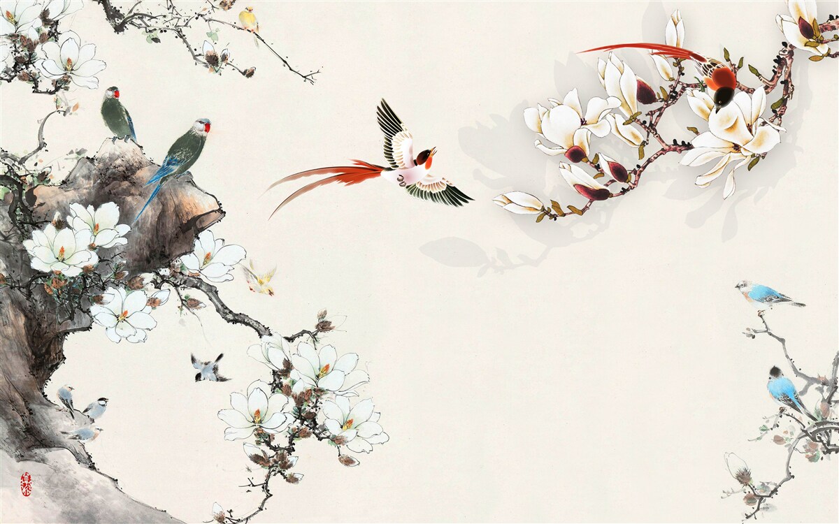 Fotobehang vogels verheugen zich tussen de bloemen