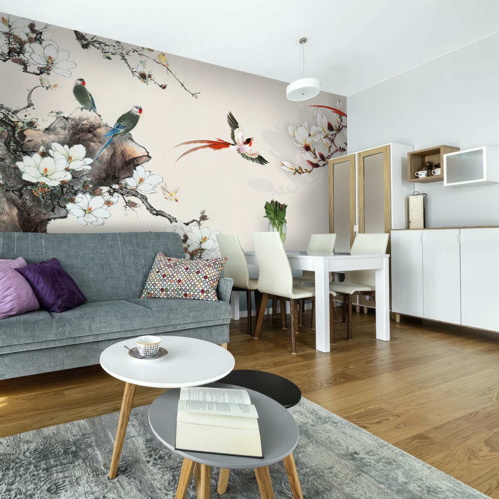 Fotobehang vogels verheugen zich tussen de bloemen