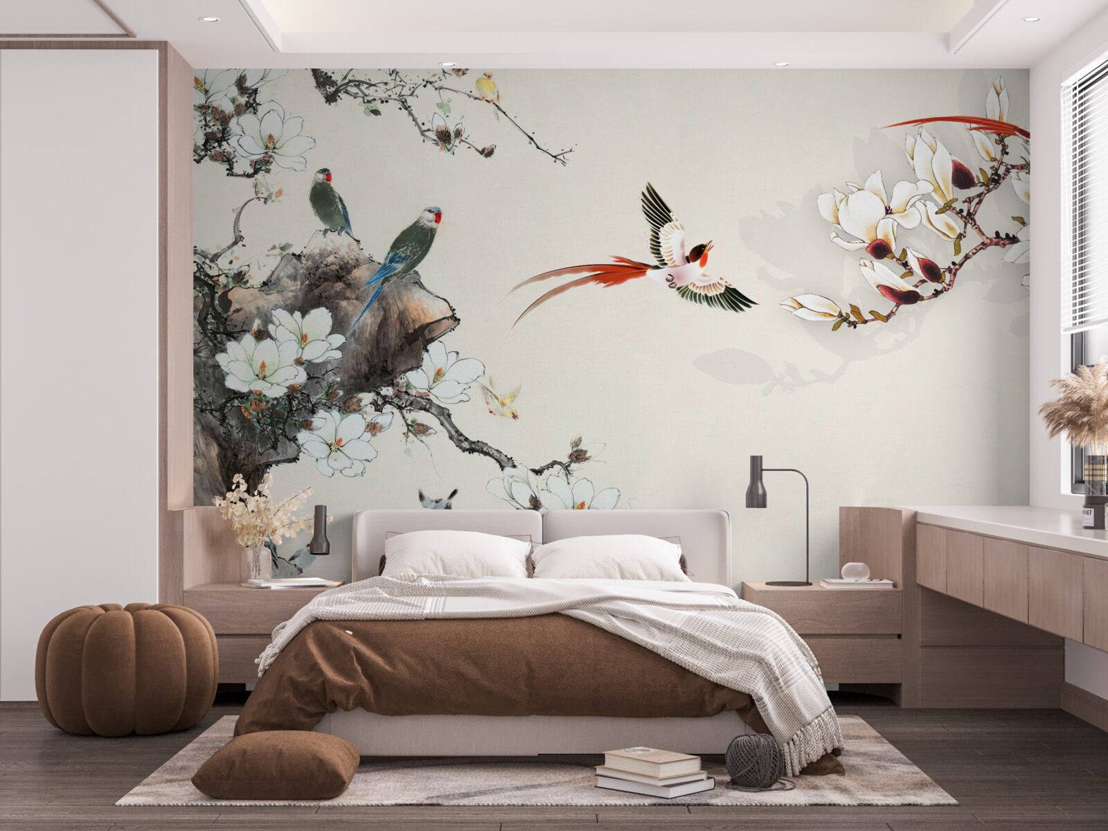 Fotobehang vogels verheugen zich tussen de bloemen