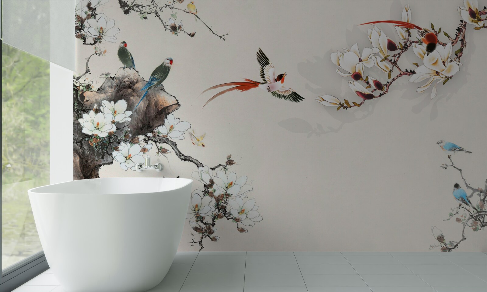 Fotobehang vogels verheugen zich tussen de bloemen