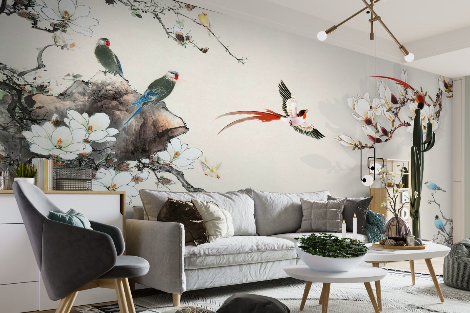 Fotobehang vogels verheugen zich tussen de bloemen