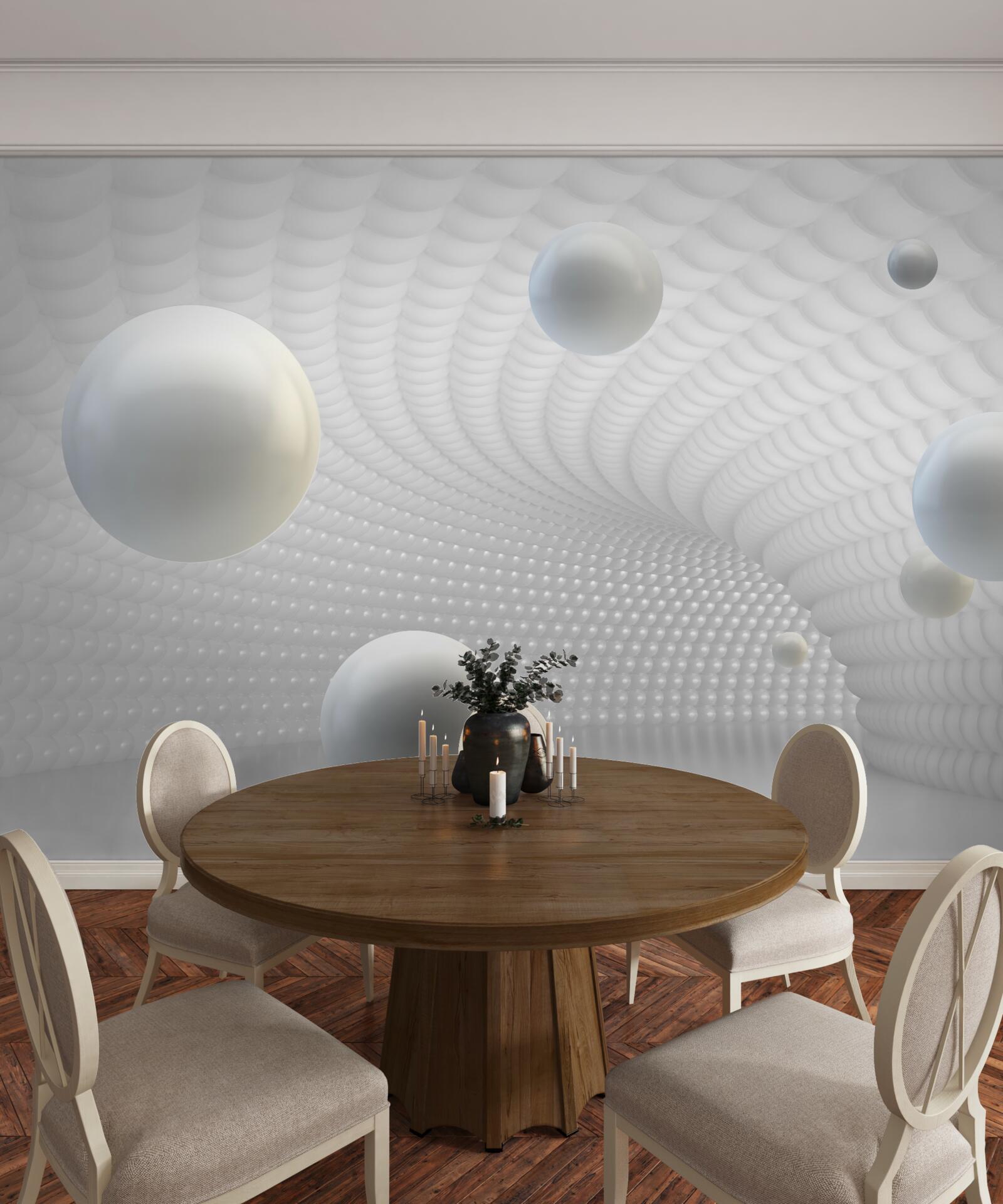 Fotobehang zwevende witte ballen in de gang