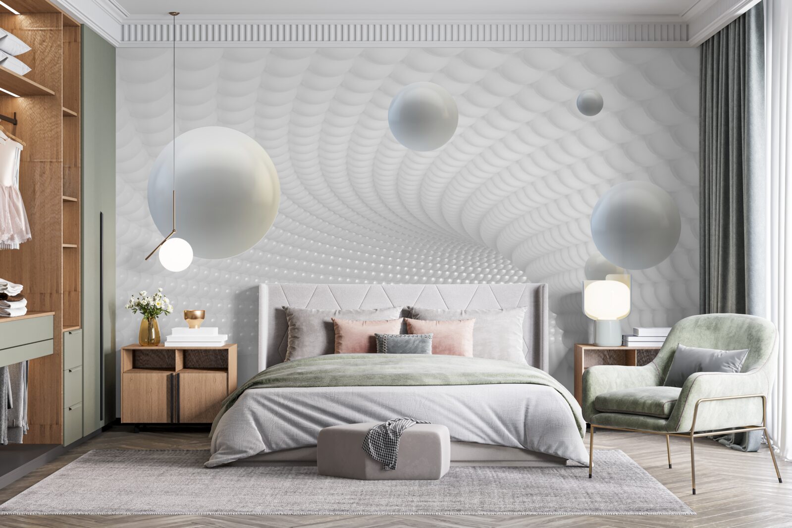 Fotobehang zwevende witte ballen in de gang