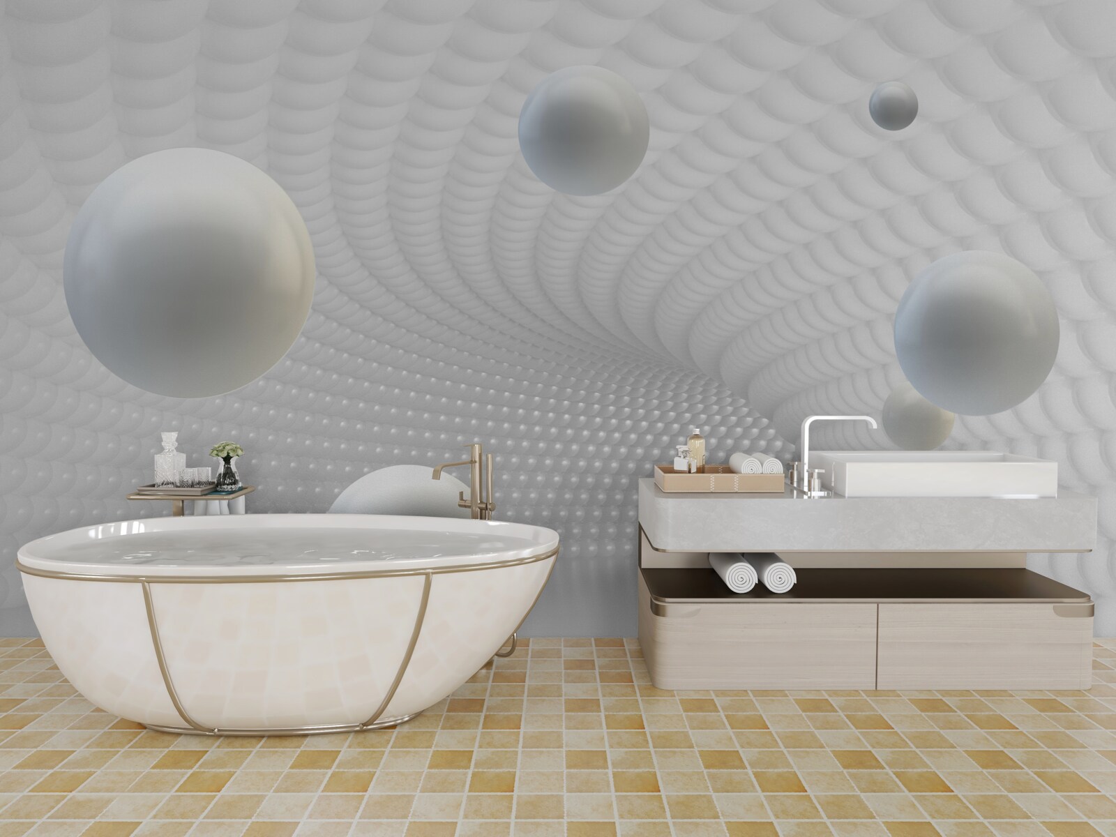 Fotobehang zwevende witte ballen in de gang