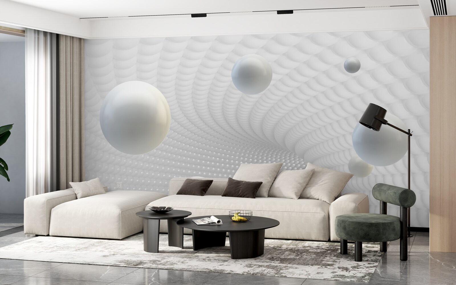 Fotobehang zwevende witte ballen in de gang