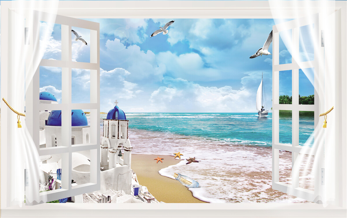 Fotobehang uitzicht op het strand in griekenland vanuit een raam