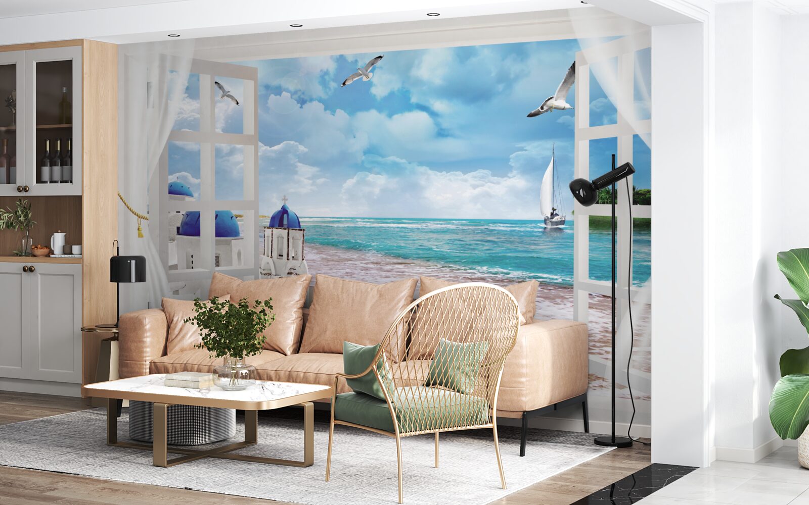 Fotobehang uitzicht op het strand in griekenland vanuit een raam