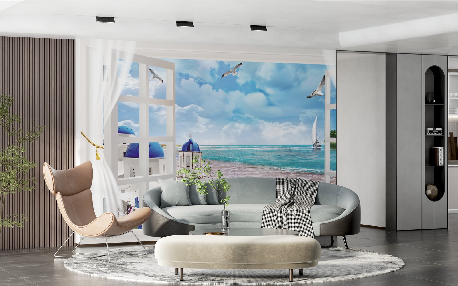 Fotobehang uitzicht op het strand in griekenland vanuit een raam