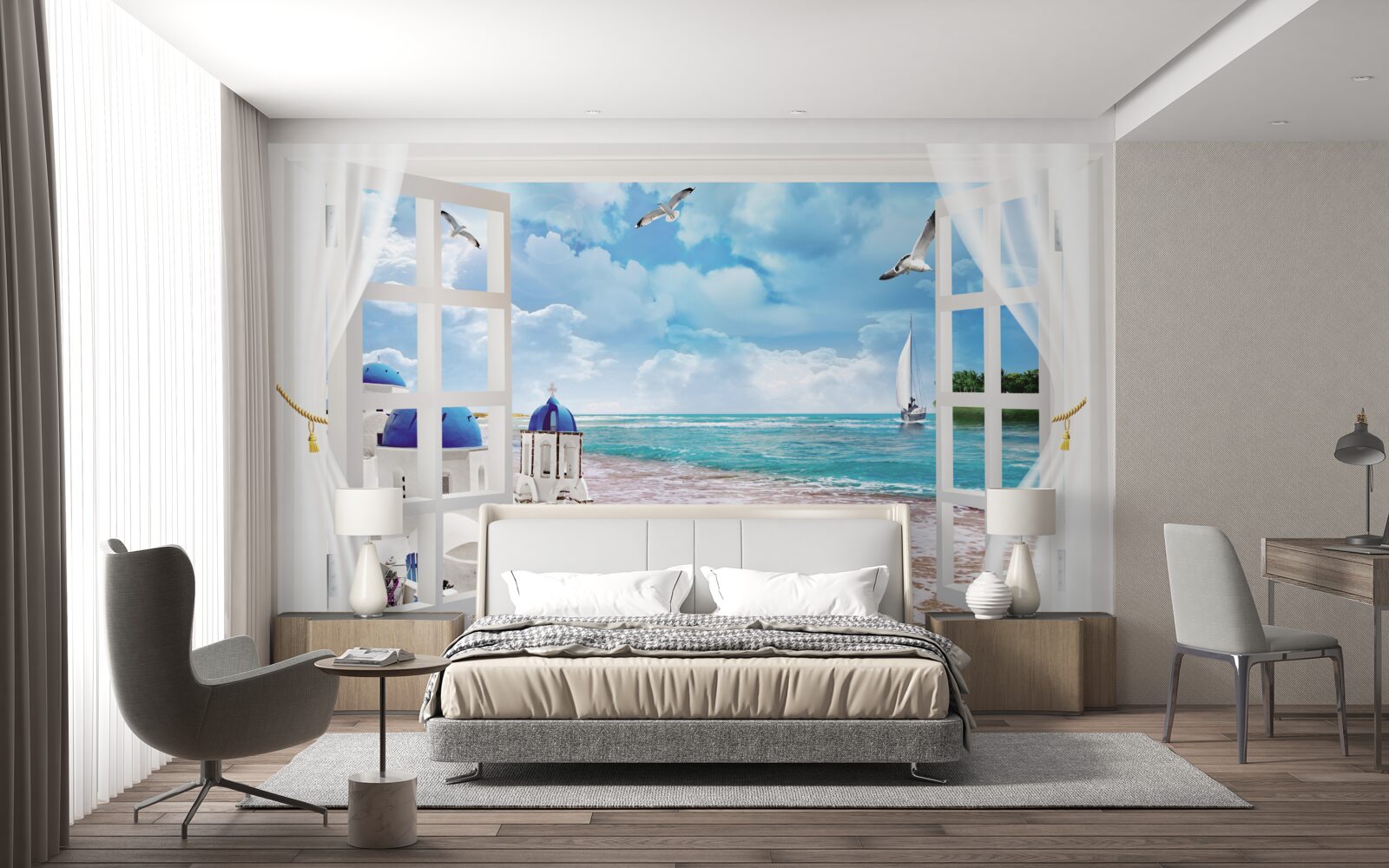 Fotobehang uitzicht op het strand in griekenland vanuit een raam