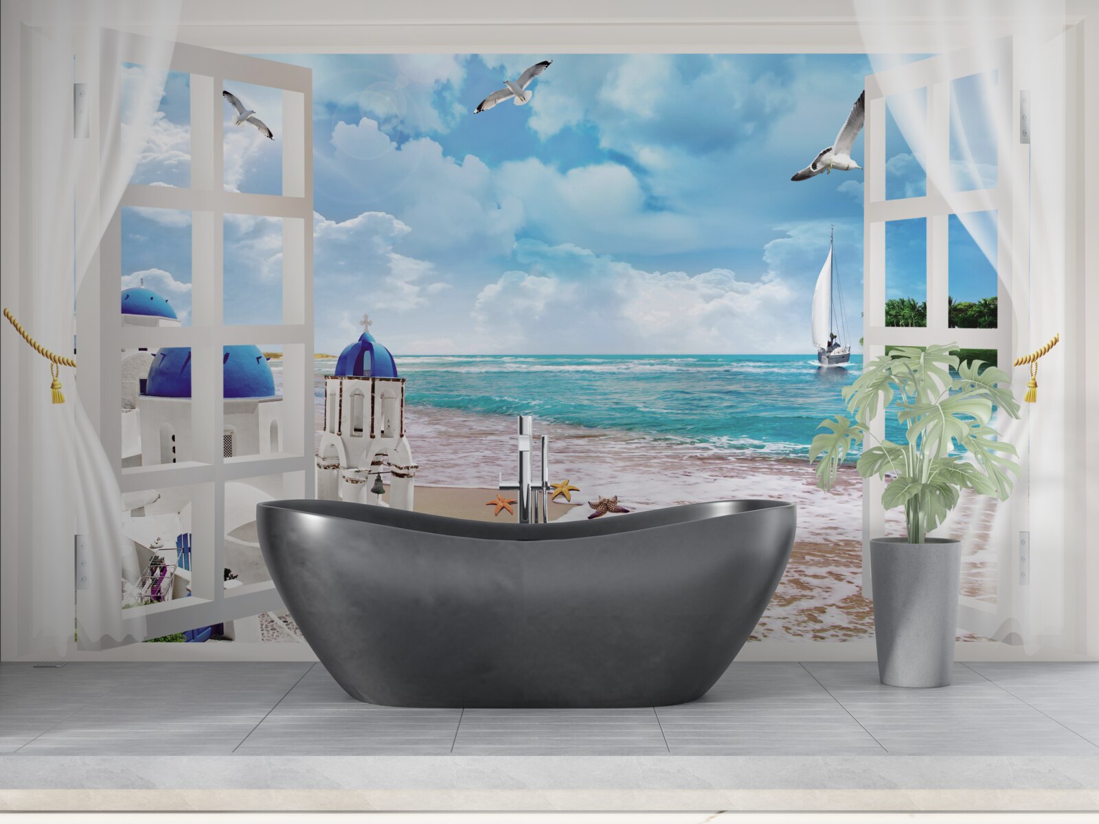 Fotobehang uitzicht op het strand in griekenland vanuit een raam