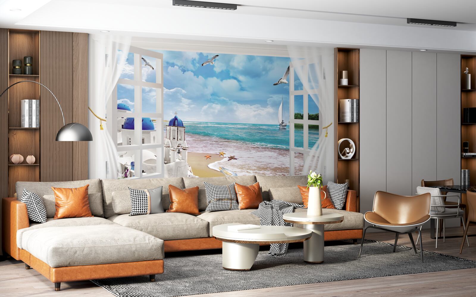 Fotobehang uitzicht op het strand in griekenland vanuit een raam