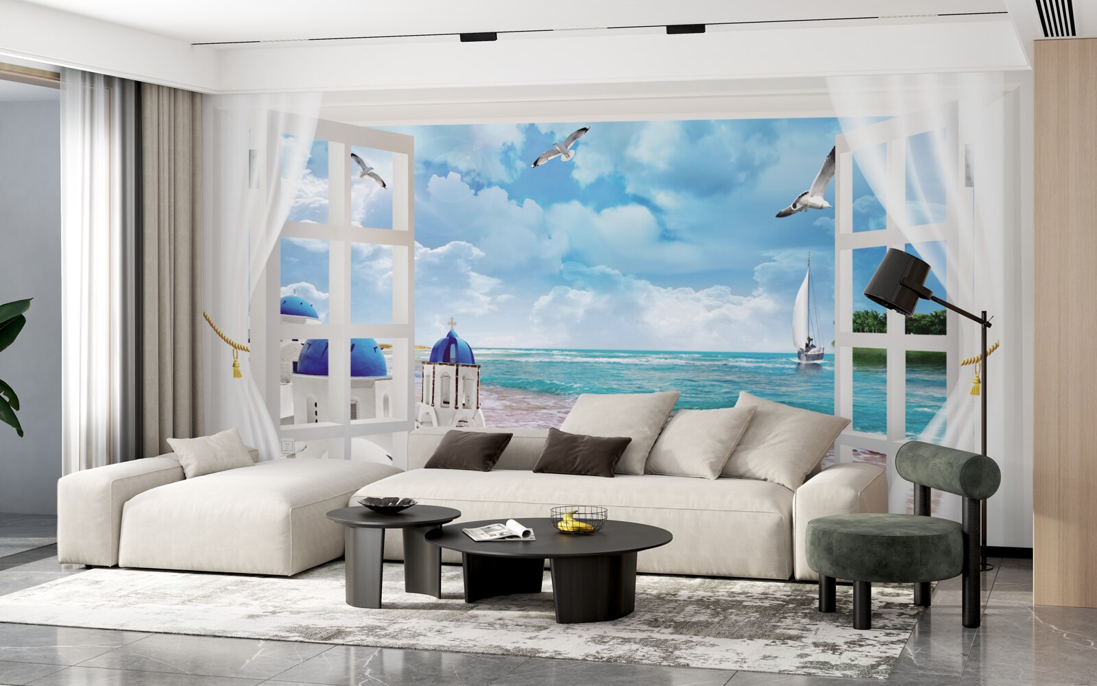 Fotobehang uitzicht op het strand in griekenland vanuit een raam