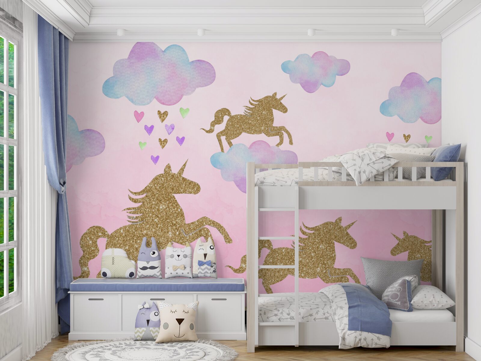 Fotobehang eenhoorns spelen in de wolken