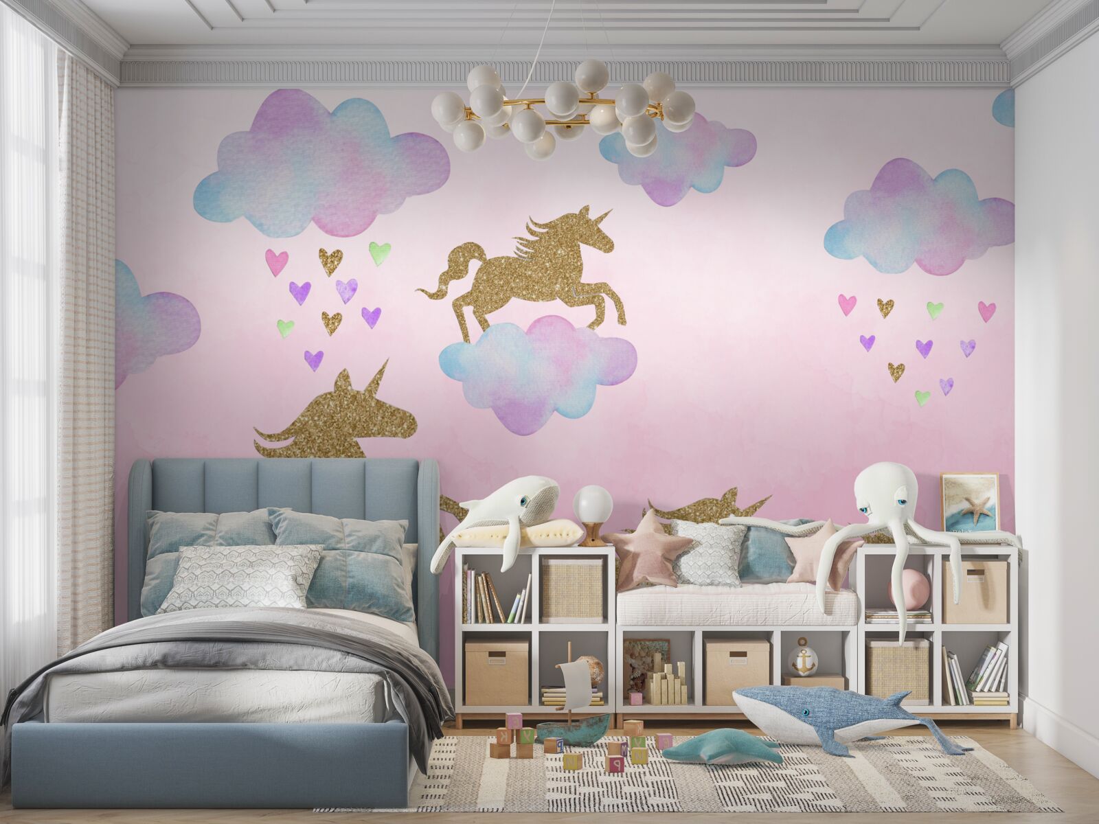 Fotobehang eenhoorns spelen in de wolken