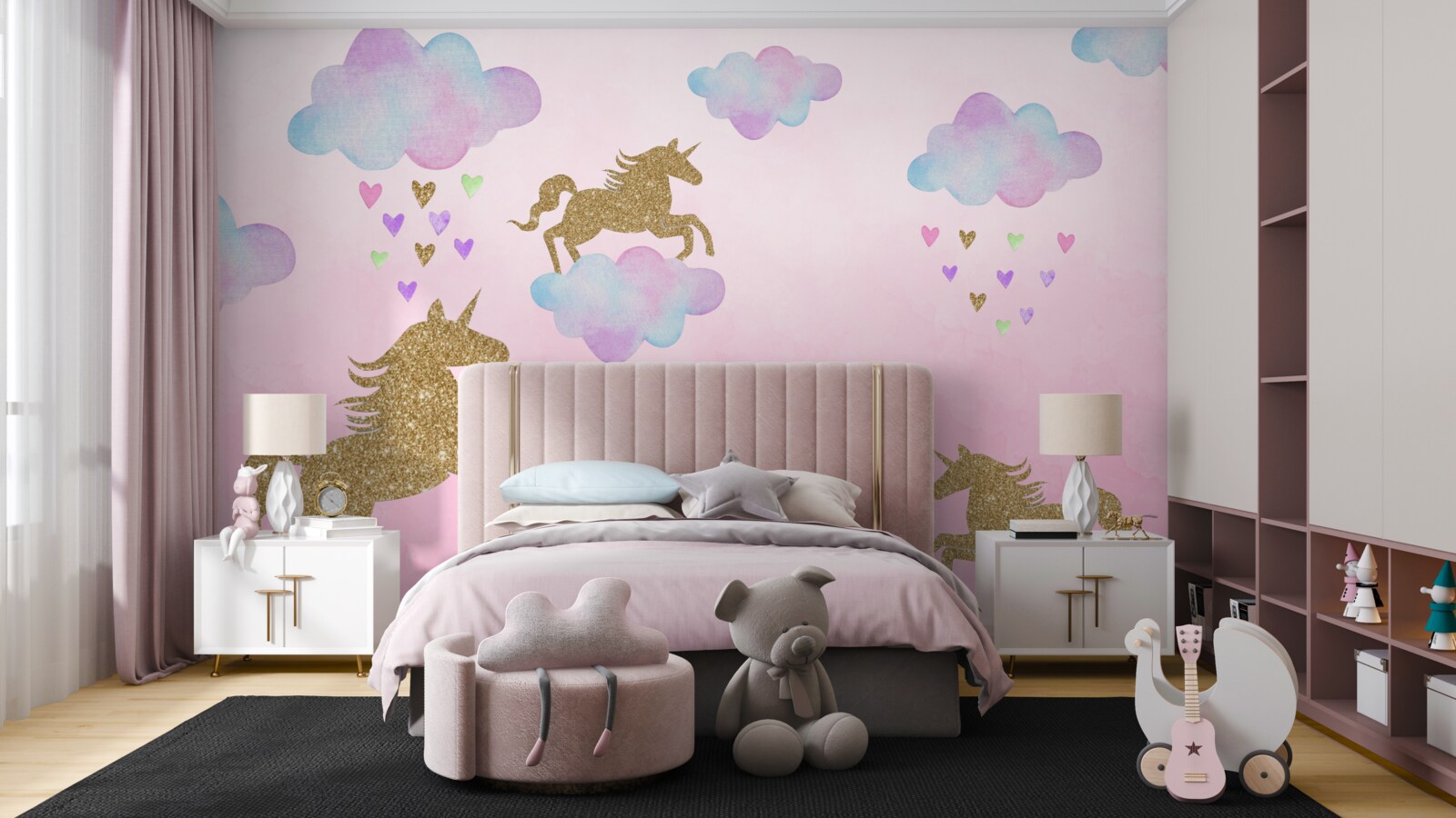 Fotobehang eenhoorns spelen in de wolken