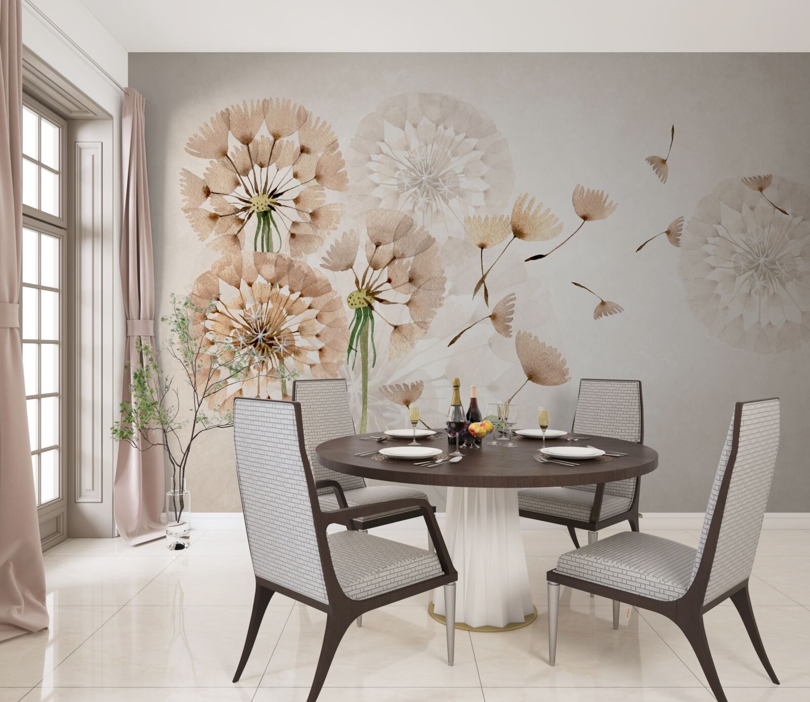 Fotobehang verdamping van paardebloempluis