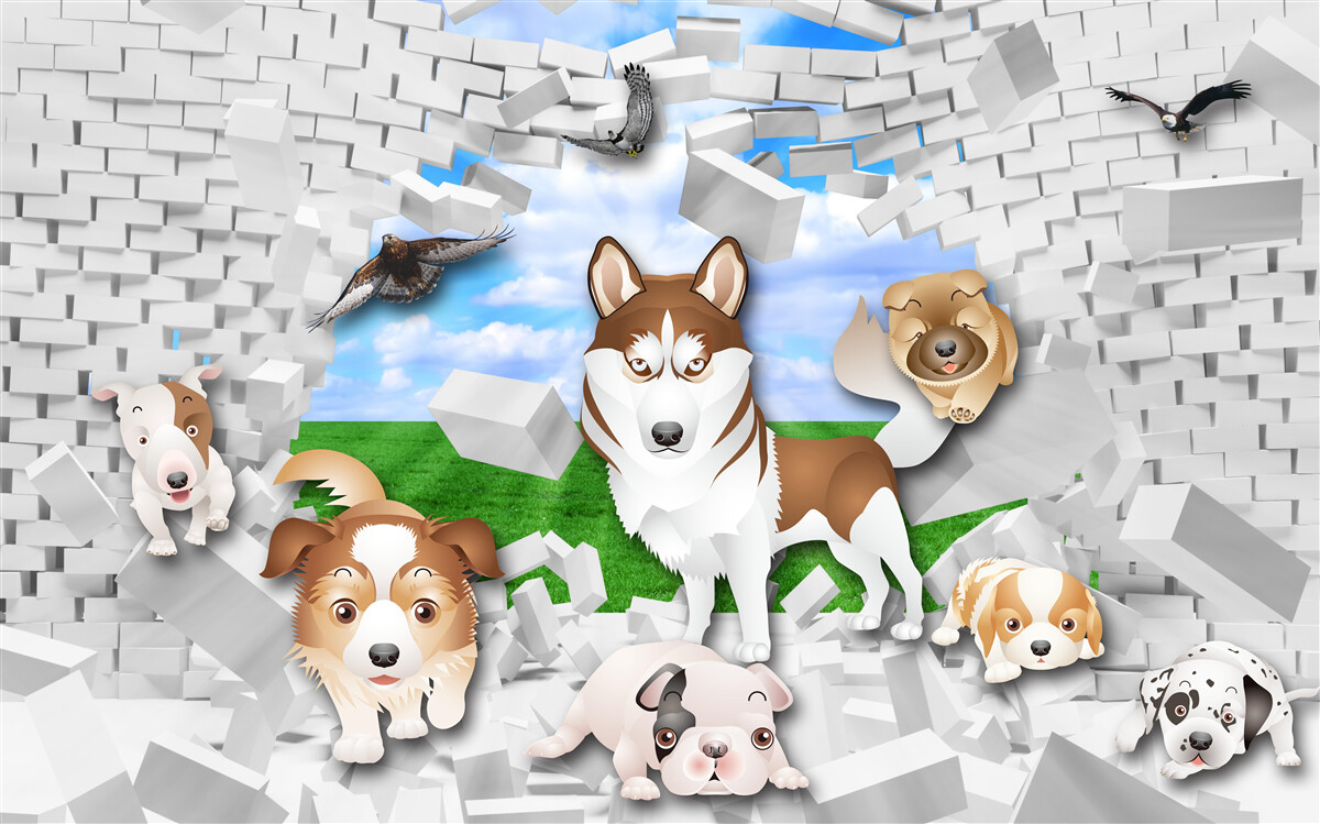 Fotobehang geanimeerde honden braken door de barrière