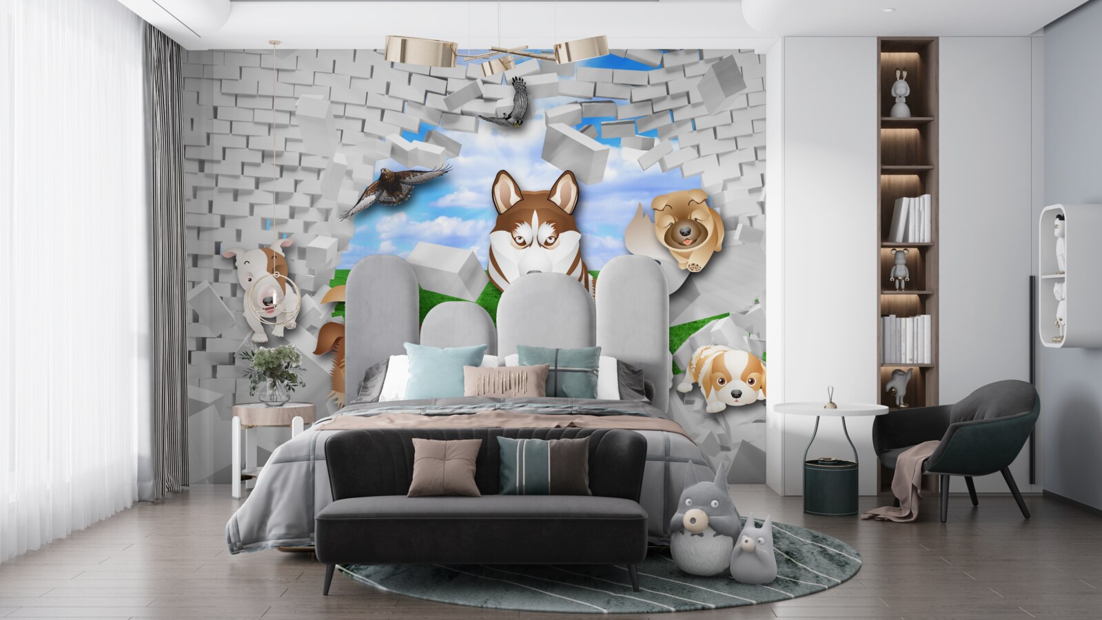 Fotobehang geanimeerde honden braken door de barrière