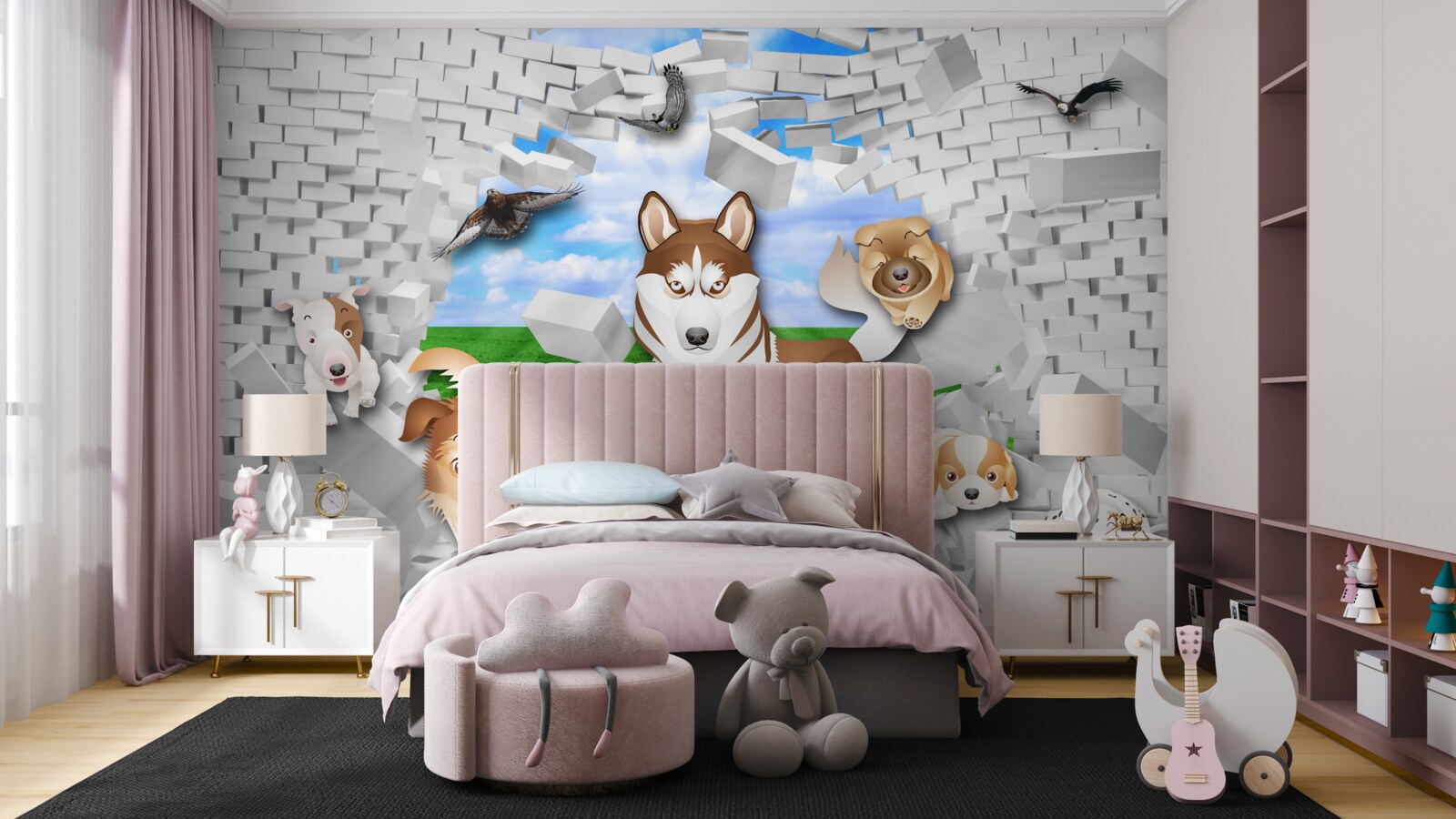 Fotobehang geanimeerde honden braken door de barrière