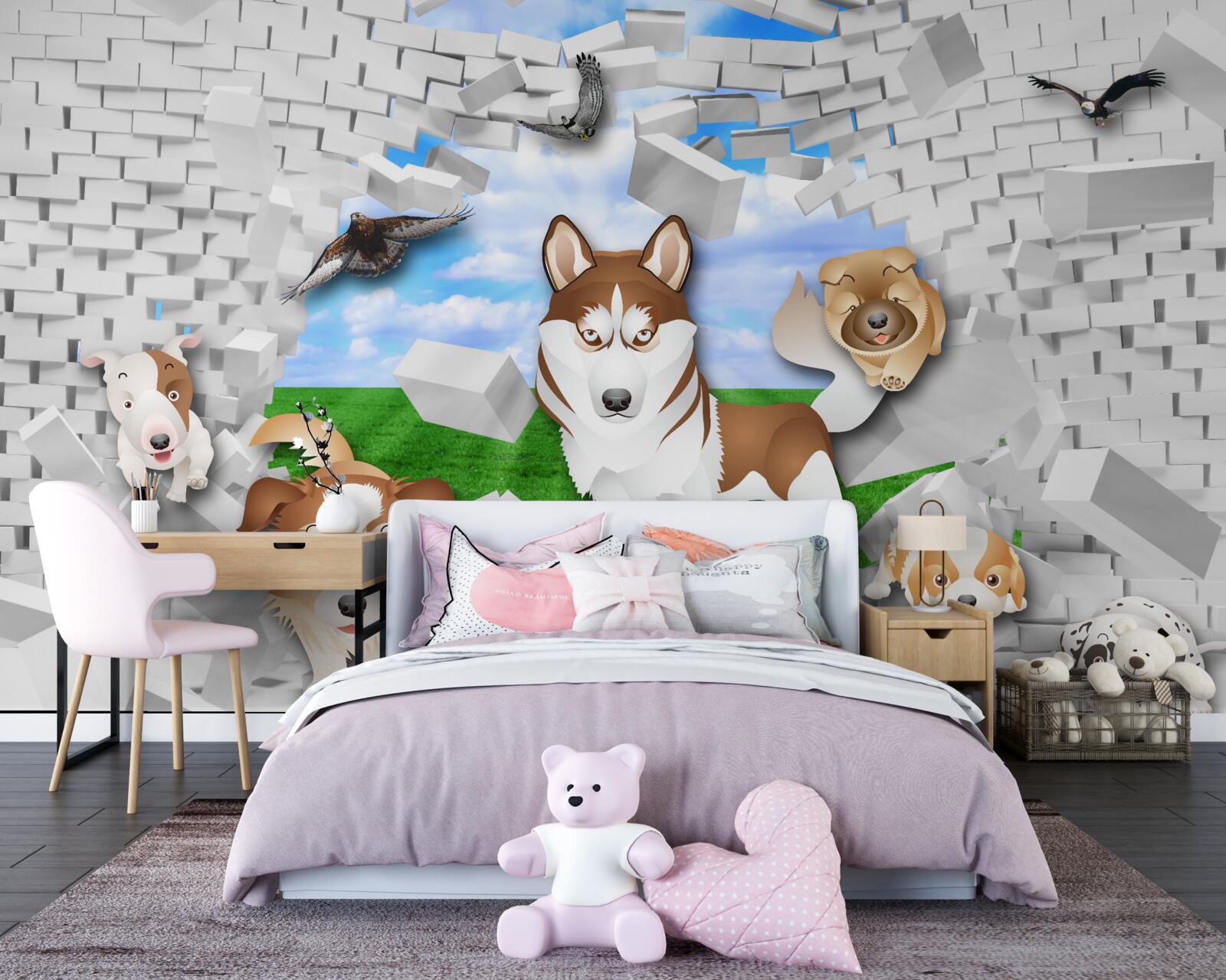 Fotobehang geanimeerde honden braken door de barrière