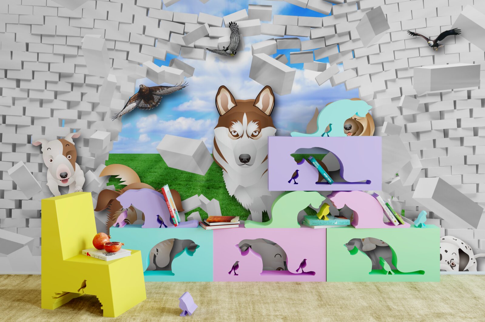 Fotobehang geanimeerde honden braken door de barrière