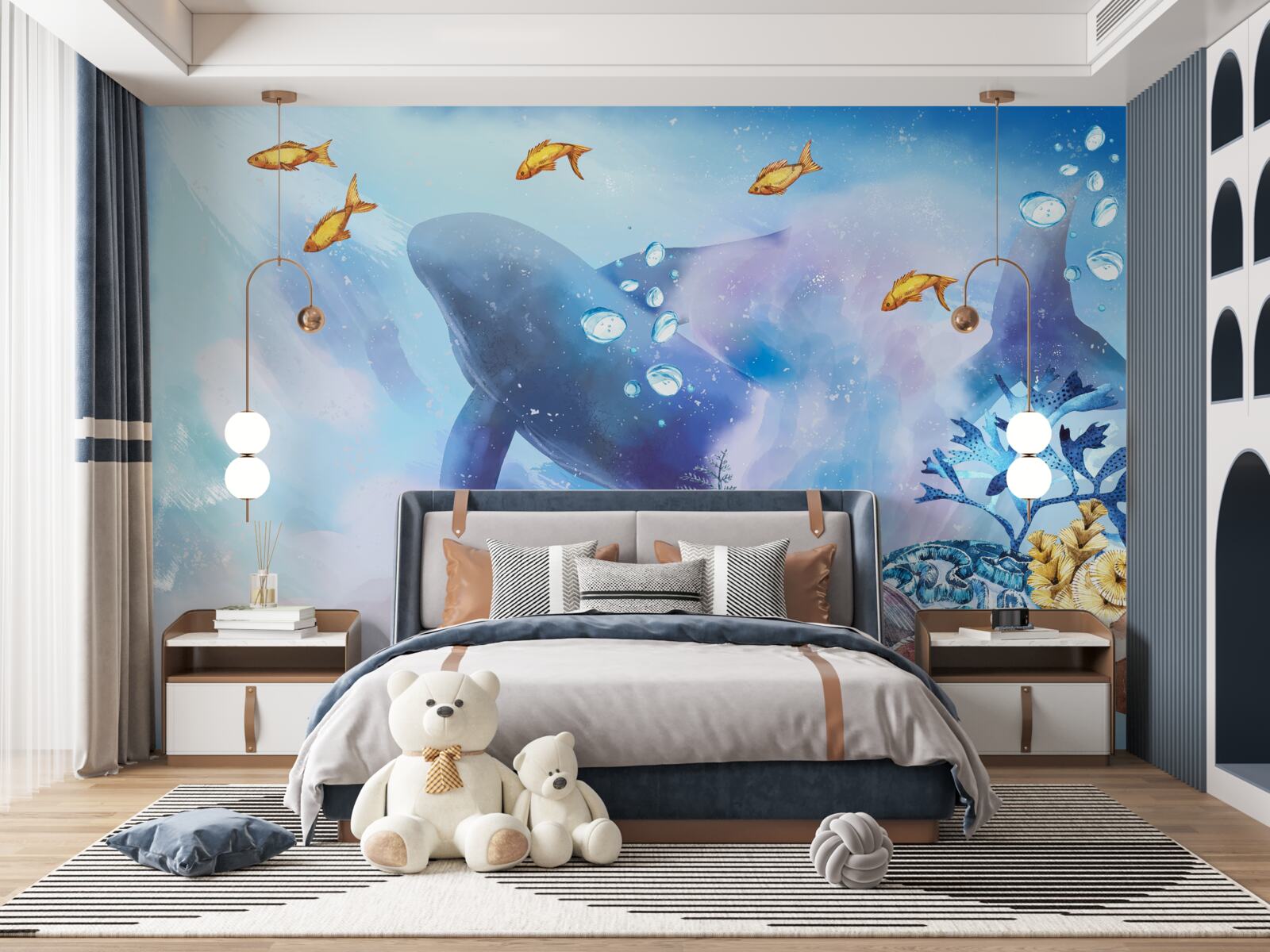 Fotobehang blauwe vinvis onder water