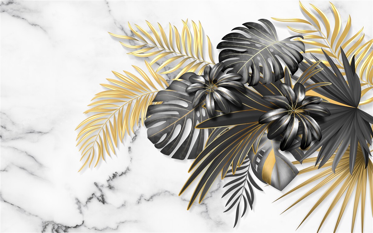 Fotobehang gouden en zwarte varenbladeren