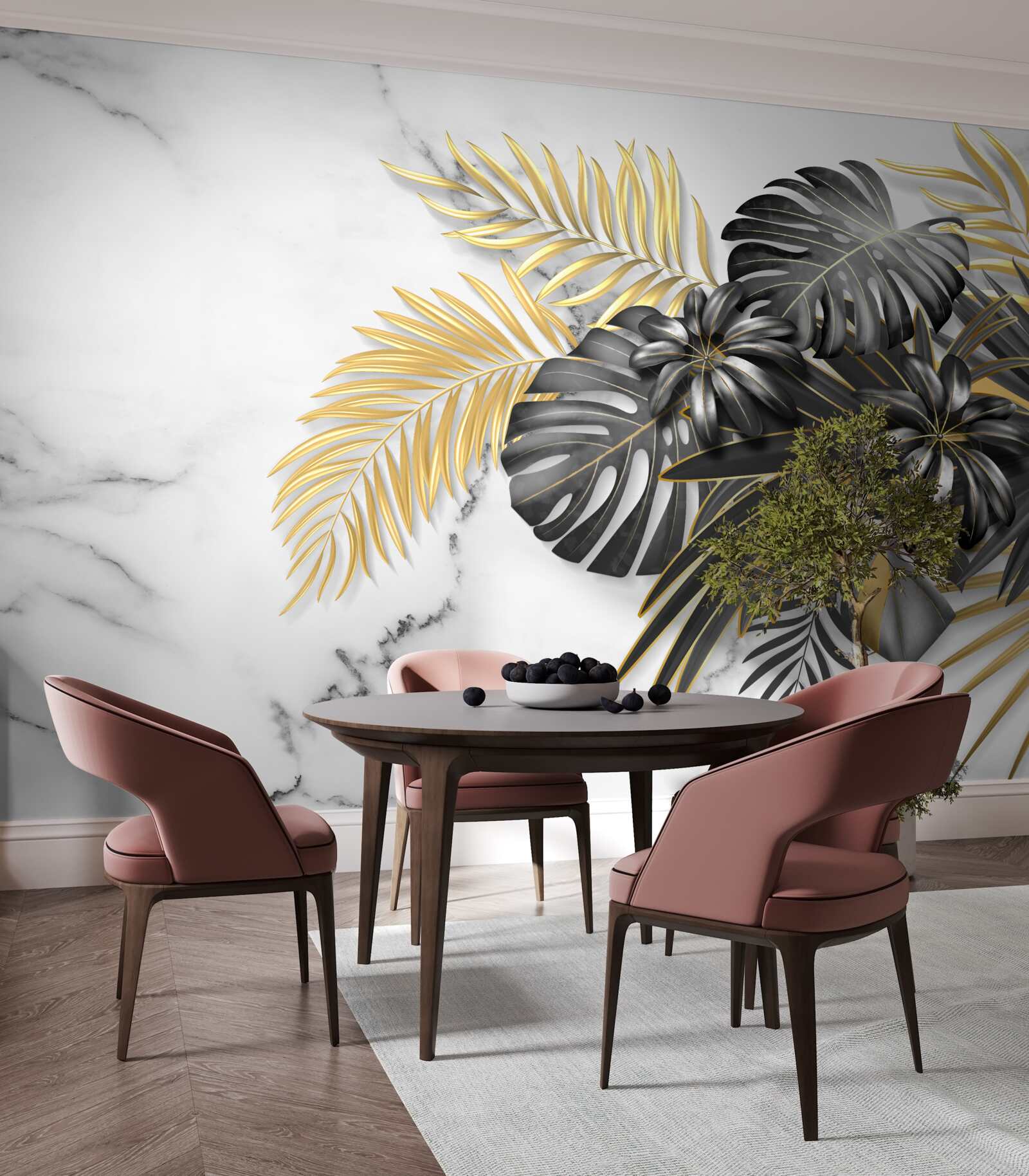 Fotobehang gouden en zwarte varenbladeren