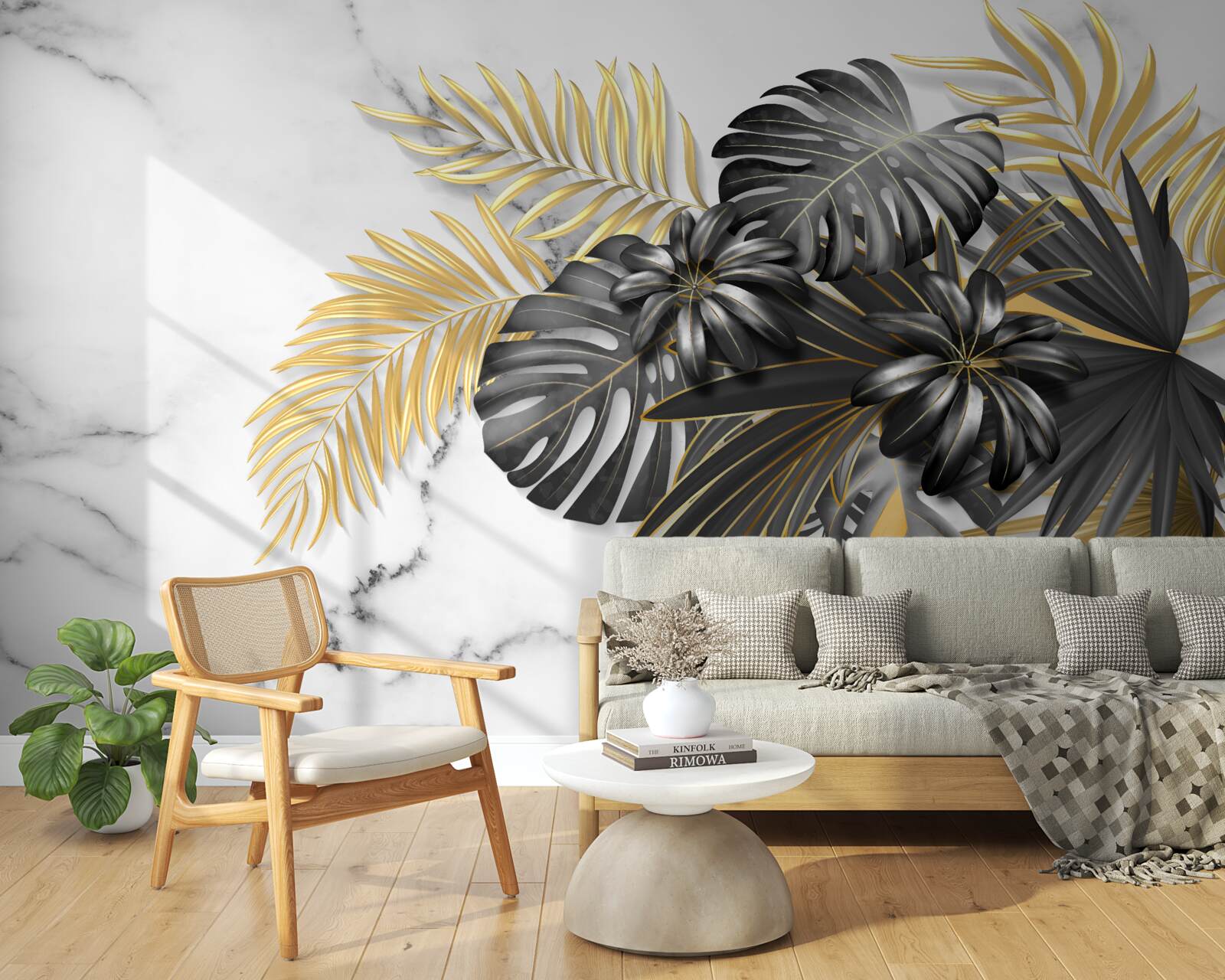 Fotobehang gouden en zwarte varenbladeren