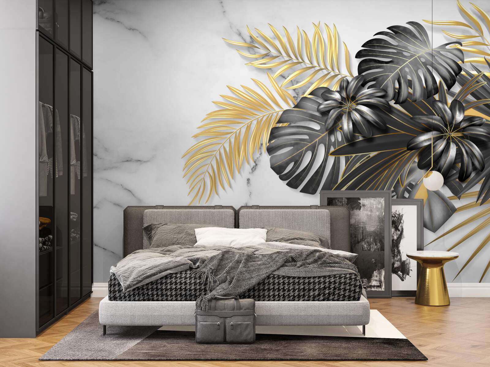 Fotobehang gouden en zwarte varenbladeren