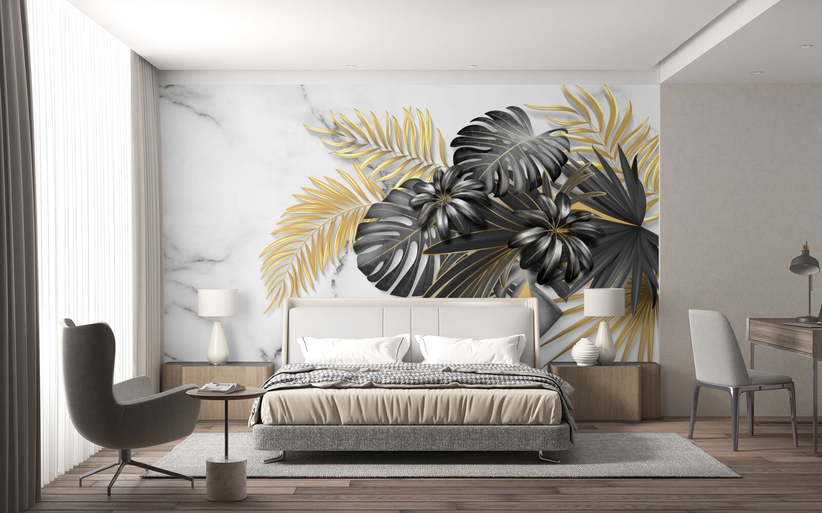 Fotobehang gouden en zwarte varenbladeren