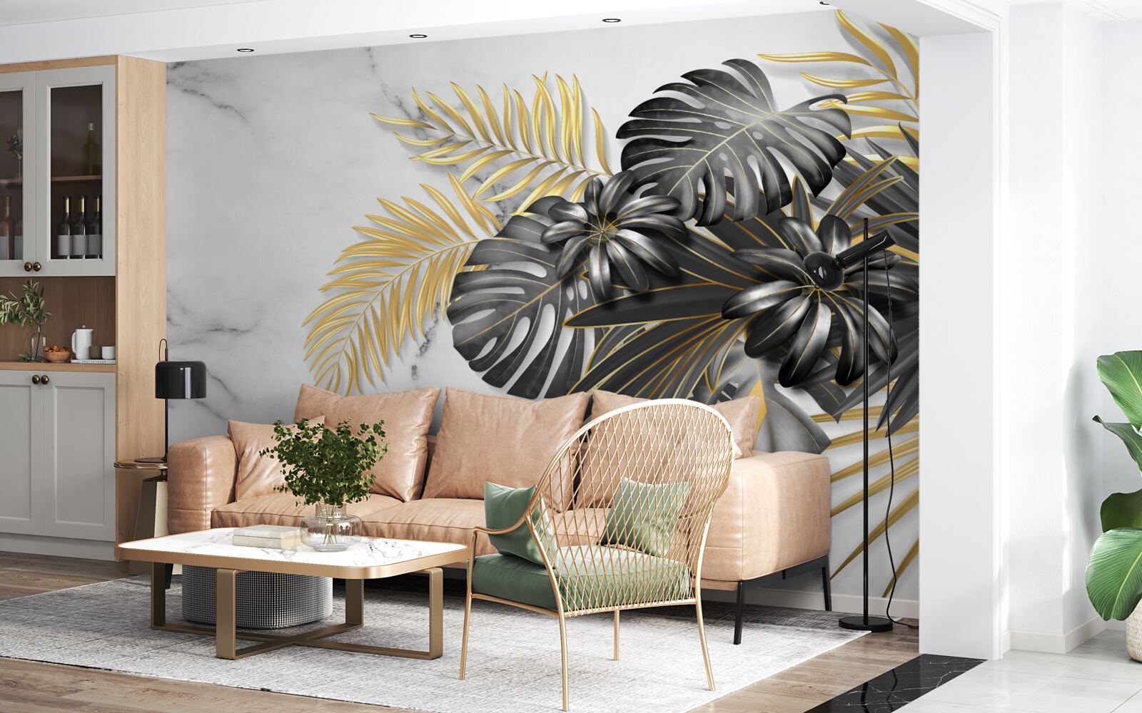 Fotobehang gouden en zwarte varenbladeren