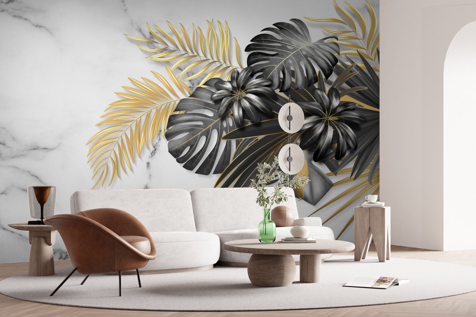 Fotobehang gouden en zwarte varenbladeren