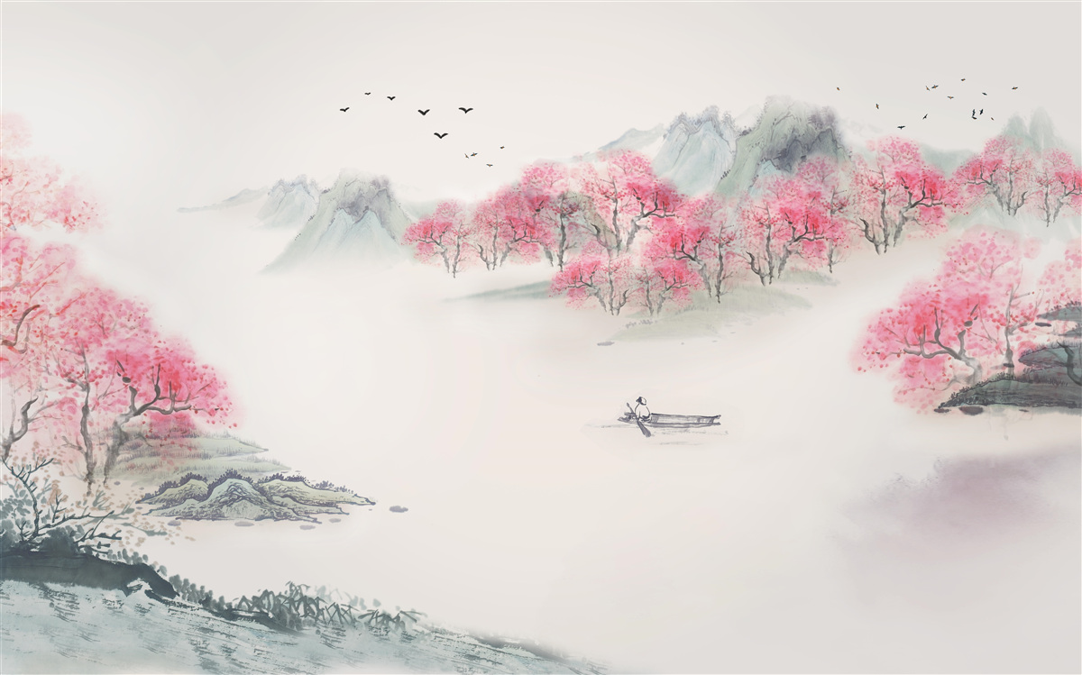 Fotobehang Boot in het bos gehuld in ochtendmist